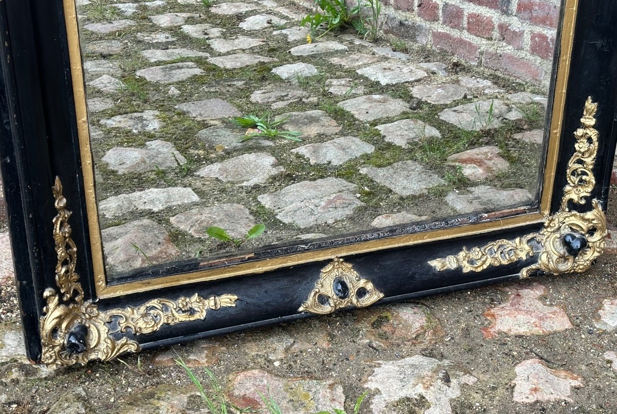 Grand miroir en bois peint noir et doré d’époque napoléon III-photo-2