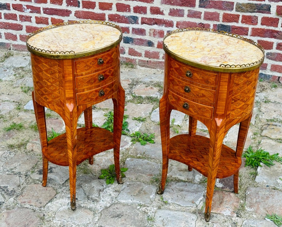 Maison Gouffe Paire De Tables Chiffonnières Tambour En Marqueterie De Style Transition -photo-3