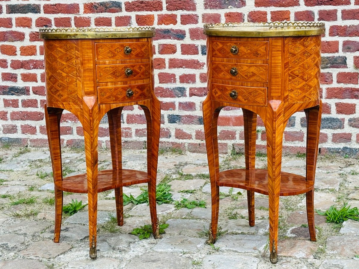 Maison Gouffe Paire De Tables Chiffonnières Tambour En Marqueterie De Style Transition -photo-7