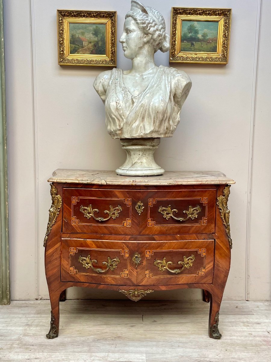 Commode Galbée En Marqueterie D’époque Louis XV 
