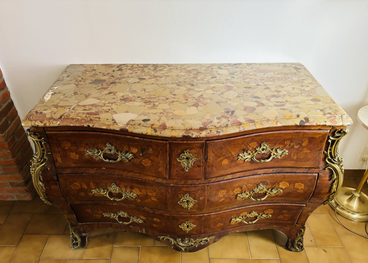 P.flechy Curved Chest Of Drawers In Louis XV Period Marquetry Stamped -photo-1