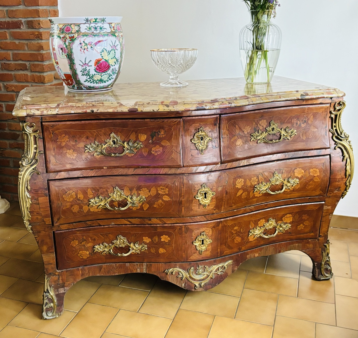 P.flechy Curved Chest Of Drawers In Louis XV Period Marquetry Stamped 