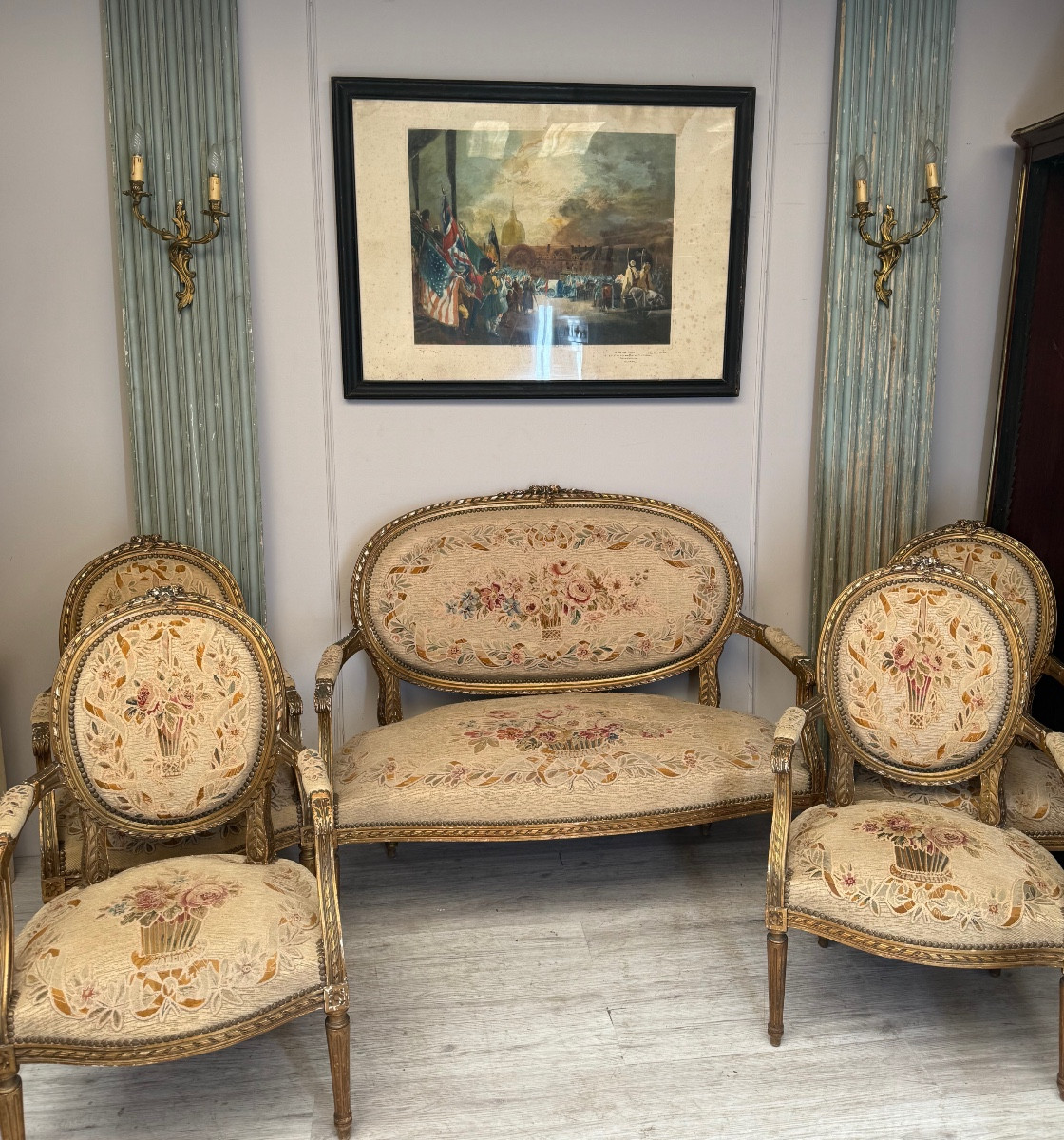 Mobilier de salon Louis XVI en bois doré d’époque XIX éme -photo-5