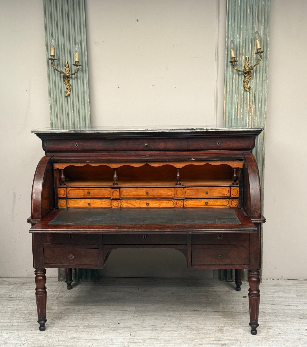 Charles X Period Mahogany Veneer Cylinder Desk 