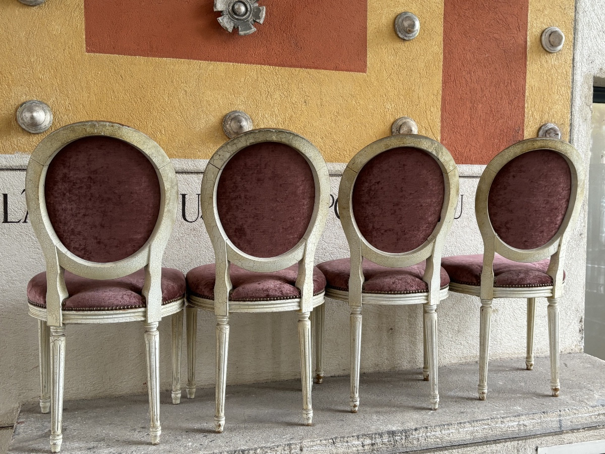 Set Of Four Louis XVI Style Lacquered Wood Chairs With Medallions -photo-3