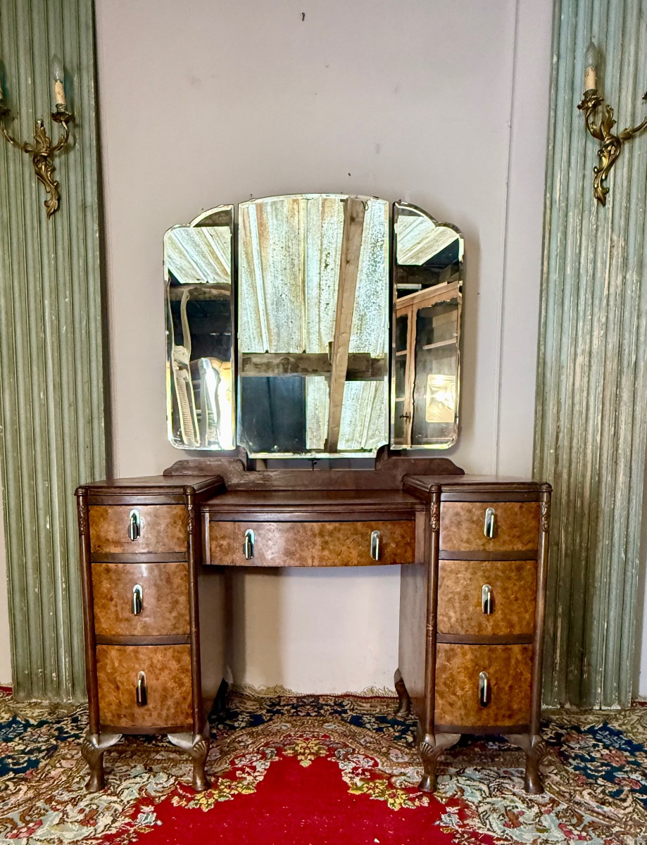 Coiffeuse art déco en ronce de noyer 