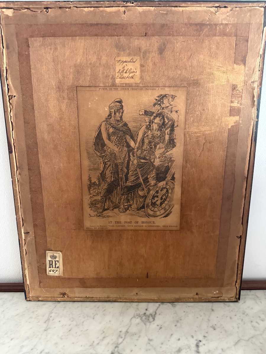 Dessin à la plume de Bernard Partridge  étiquette au dos reine Élisabeth -photo-5