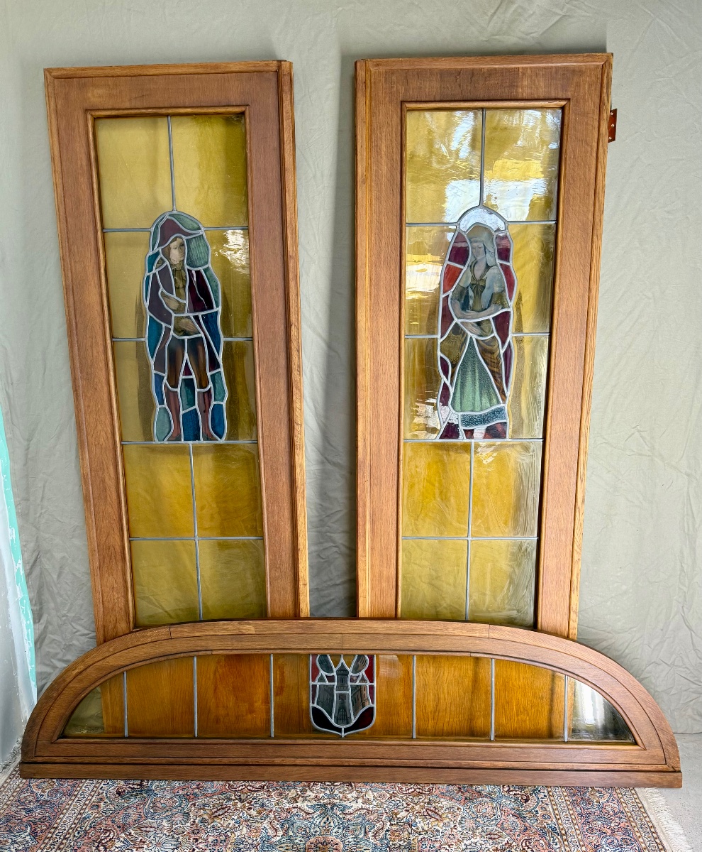 Vitraux. Vitrail. Paire de portes en vitrail avec imposte-photo-2