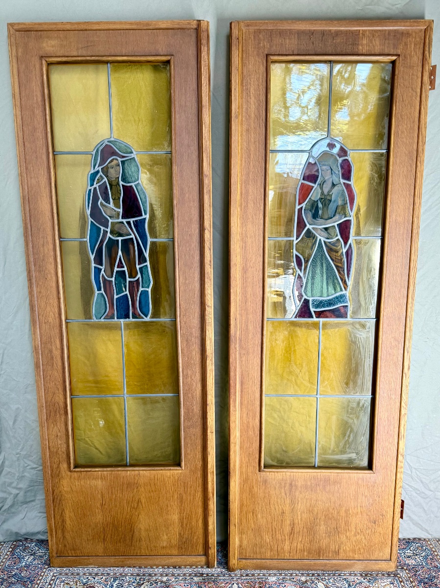 Vitraux. Vitrail. Paire de portes en vitrail avec imposte-photo-4