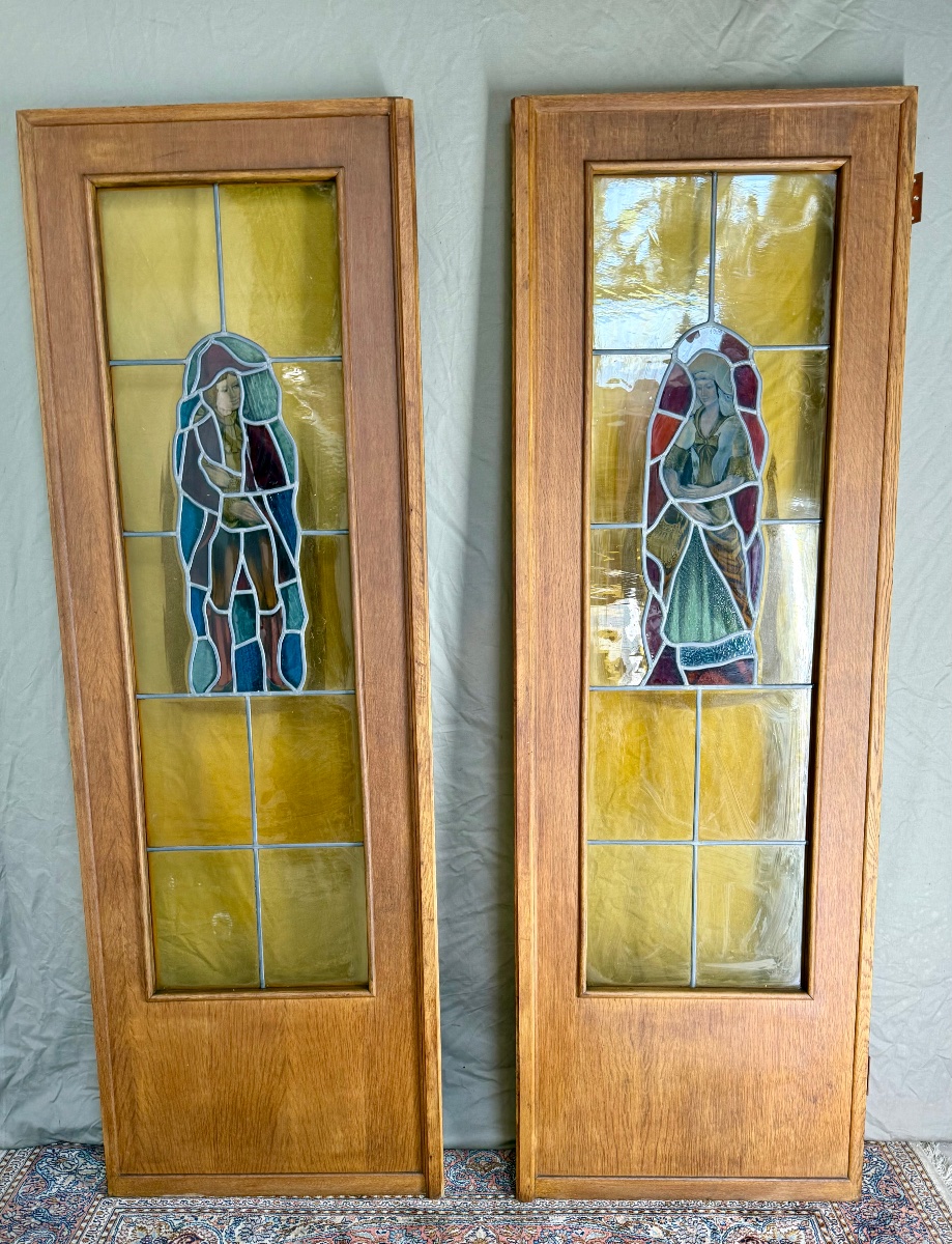 Vitraux. Vitrail. Paire de portes en vitrail avec imposte-photo-3