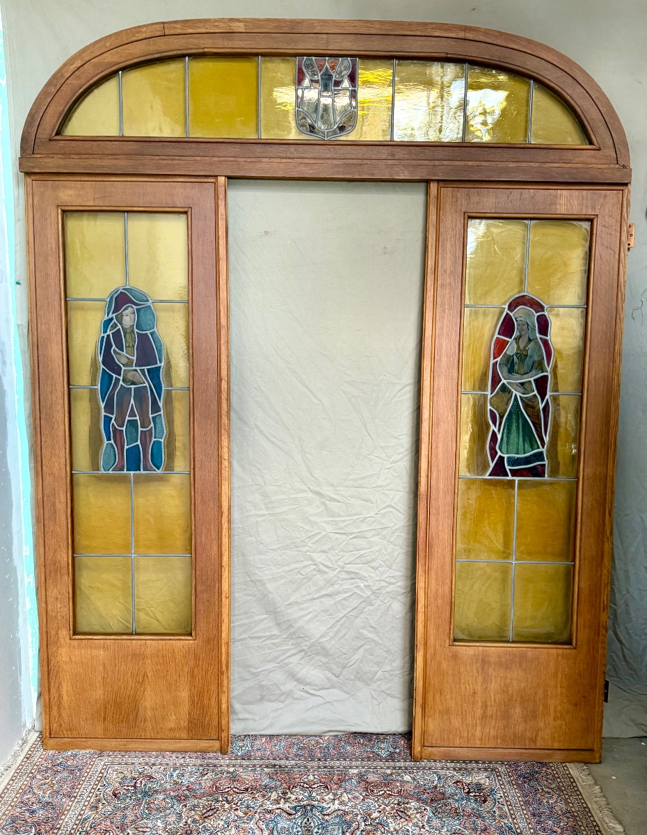 Vitraux. Vitrail. Paire de portes en vitrail avec imposte-photo-7