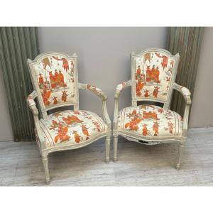 Pair Of Louis XVI Armchairs In Lacquered Wood 