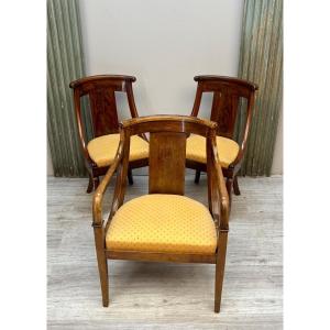 Pair Of Chairs And A Gondola Armchair In Mahogany From The Empire Period 