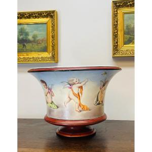 Pot Cover Vase With Putti Decor Polychrome Enamelled Earthenware Brand Lm