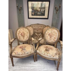 Mobilier de salon Louis XVI en bois doré d’époque XIX éme 