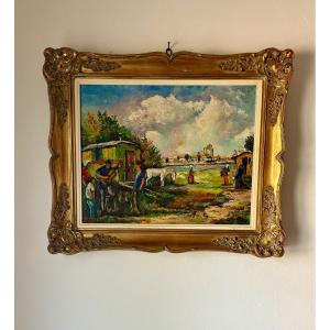 Oil On Canvas Depicting A Romani Family 