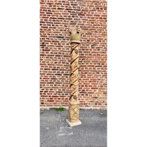 Colonne torsadée en bois sculpté polychrome 19 ème 