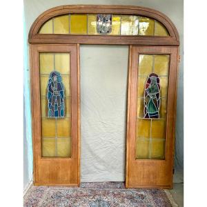 Pair Of Stained-glass Doors With A Transom