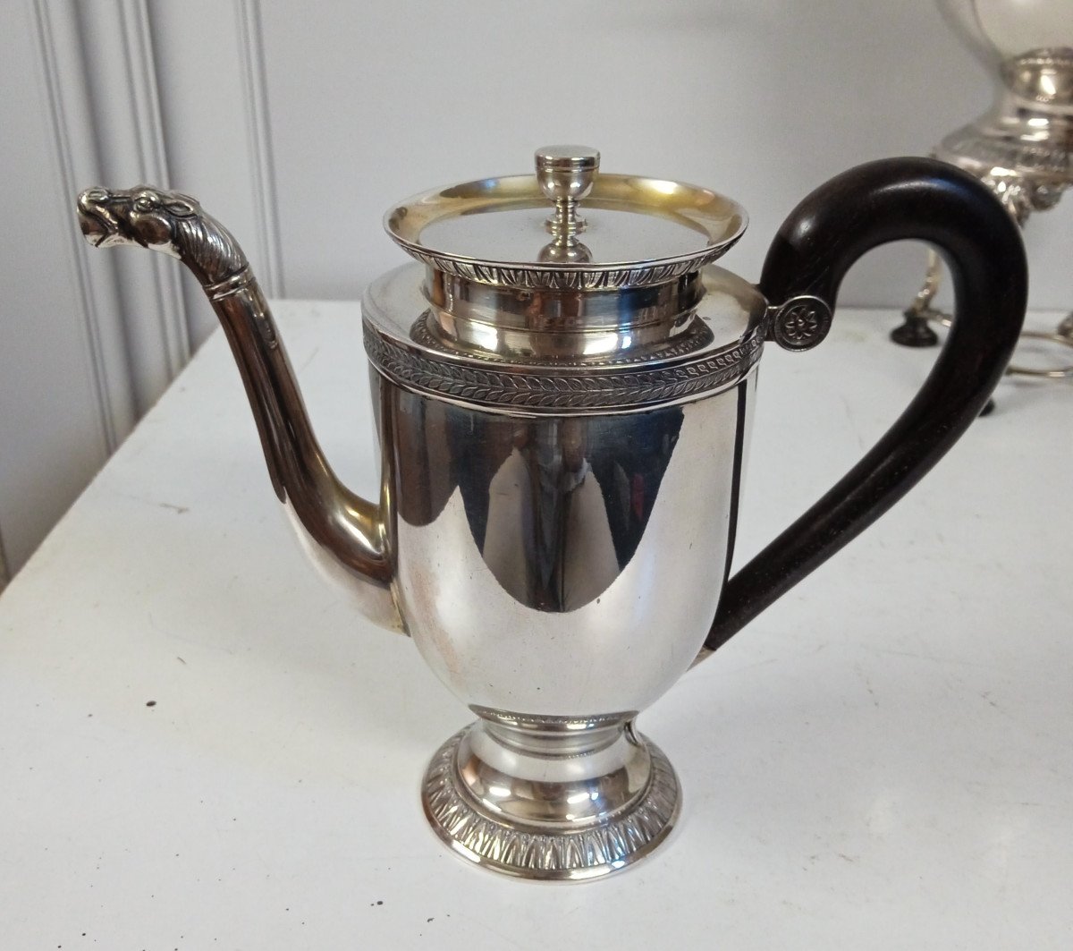 Service Thé Café Avec Samovar Argent Massif Travail étranger Poinçon Charançon-photo-2