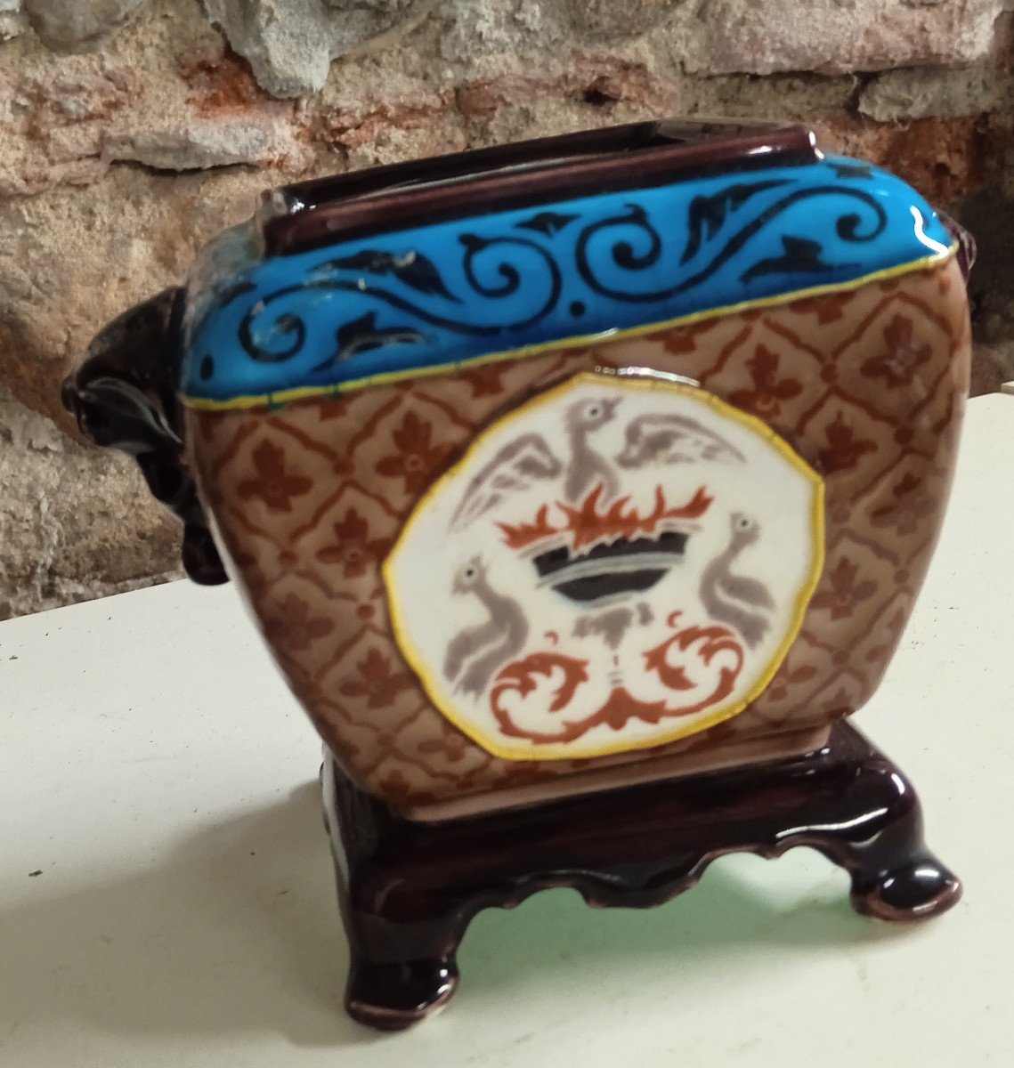 Small Old Man Earthenware Cache Pot In Bordeaux