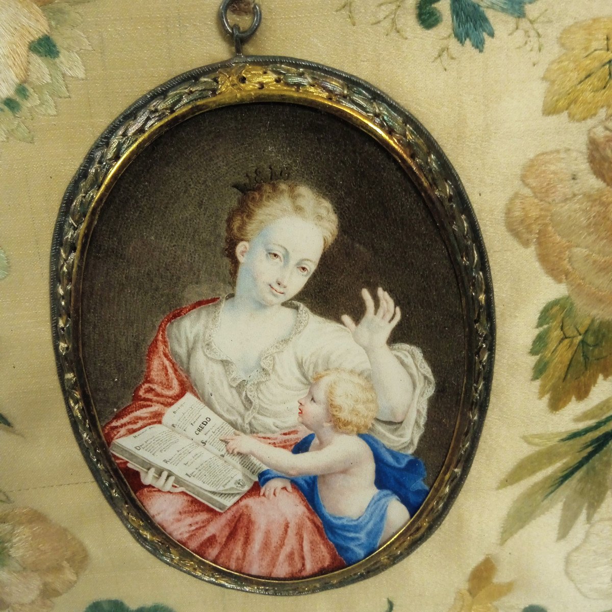 Miniature Religieuse XVIII Peinture Sur Velin encadrement en palissandre :"lecture du credo "-photo-1