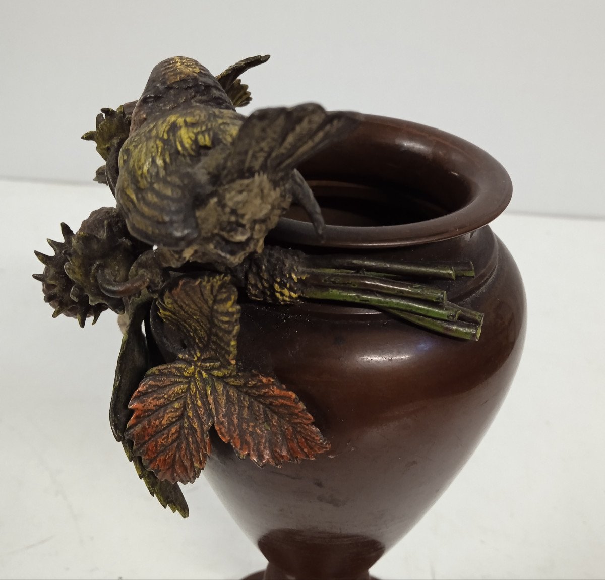 Bronze De Vienne : Vase Passereau Sur Un Plant De Fraisier époque XIX-photo-3