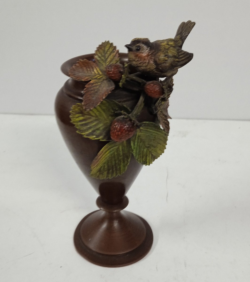 Bronze De Vienne : Vase Passereau Sur Un Plant De Fraisier époque XIX