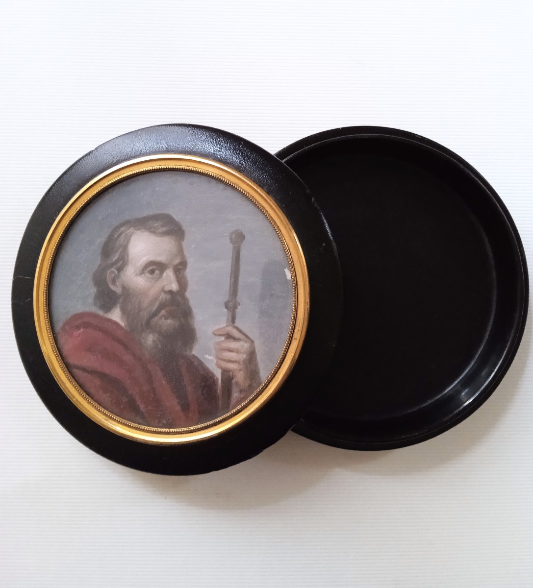 Round Box Decorated With A Painting On Zinc: Saint Paul 19th Century-photo-3