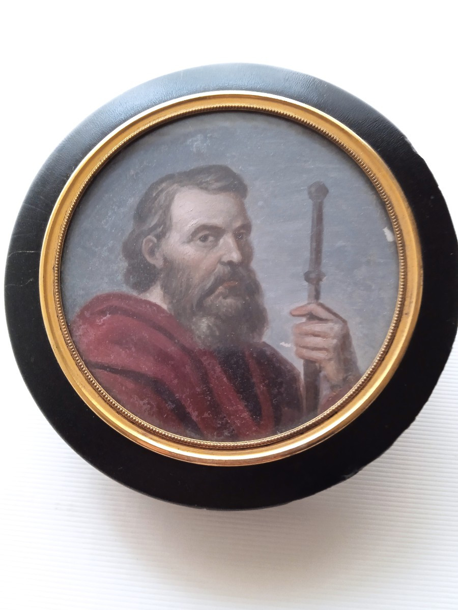Round Box Decorated With A Painting On Zinc: Saint Paul 19th Century
