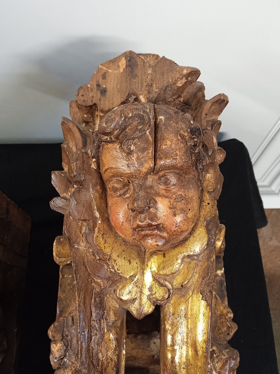 2 Gilded And Polychrome Wooden Pilaster Capitals From The Baroque Period-photo-2