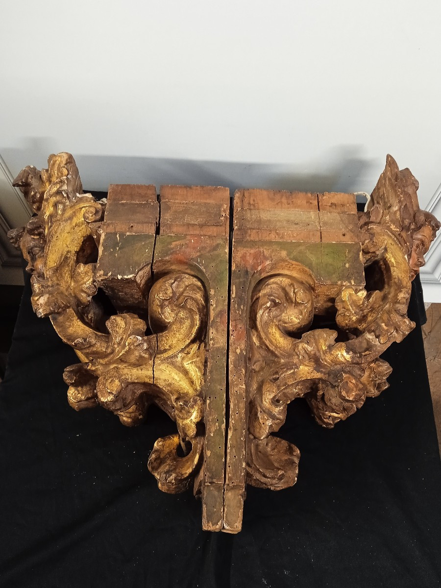 2 Gilded And Polychrome Wooden Pilaster Capitals From The Baroque Period-photo-7