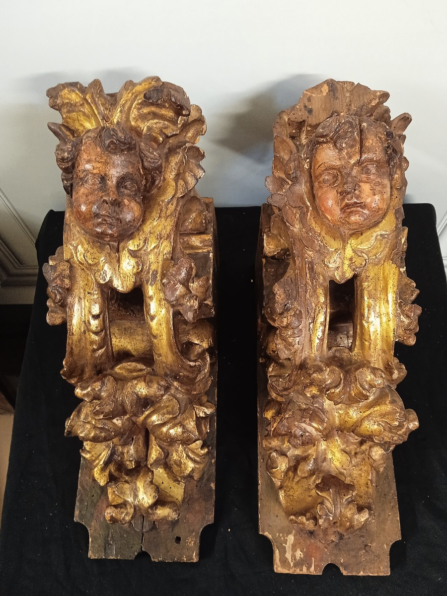 2 Gilded And Polychrome Wooden Pilaster Capitals From The Baroque Period