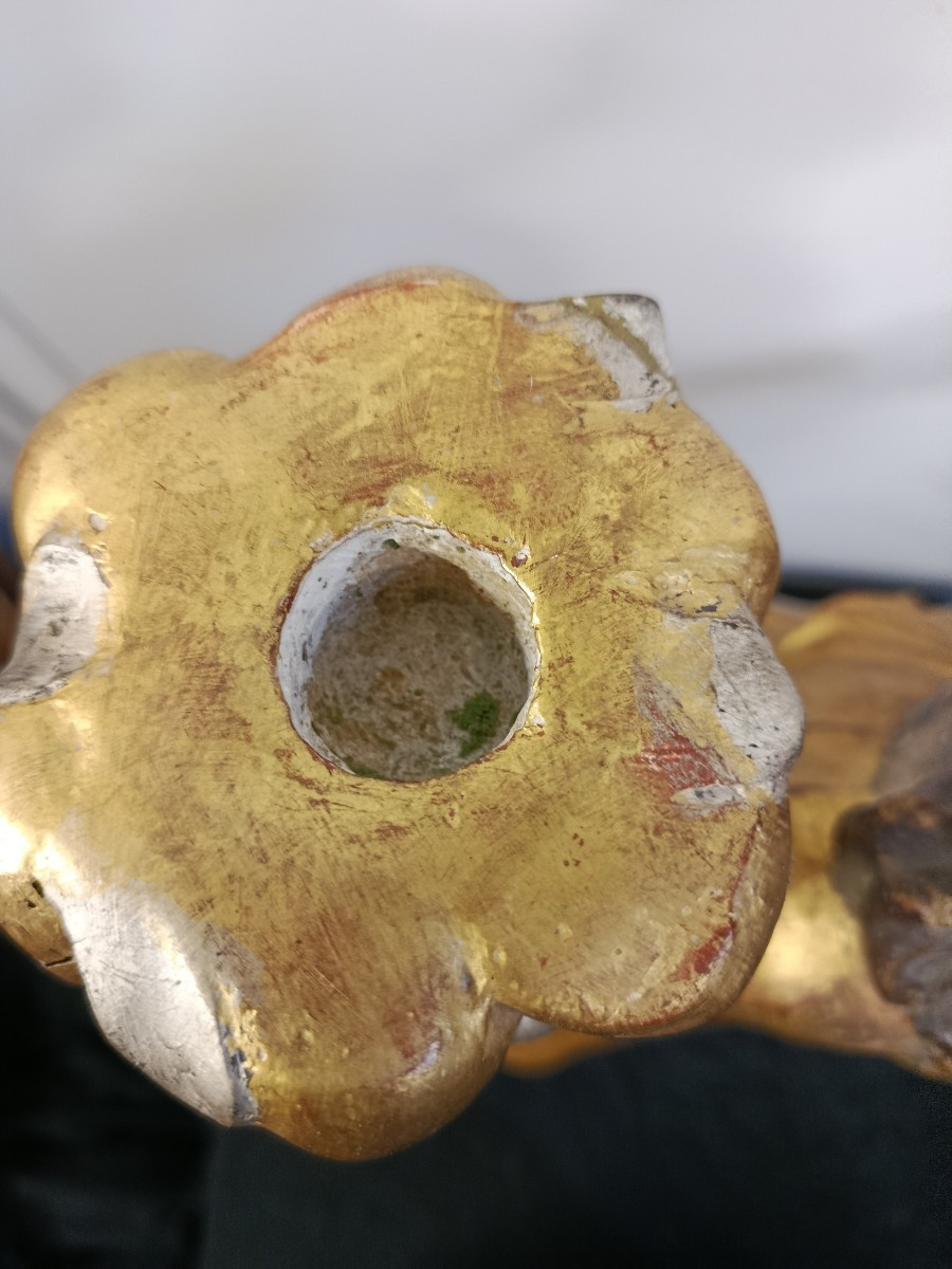 Angel Light-bearer Polychrome Wood, Gilded And Silvered Period XVIII-photo-4