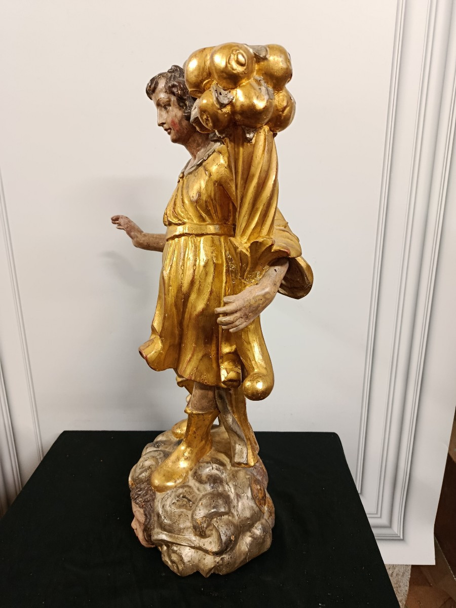 Angel Light-bearer Polychrome Wood, Gilded And Silvered Period XVIII-photo-2