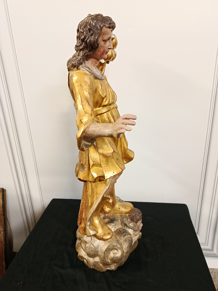 Angel Light-bearer Polychrome Wood, Gilded And Silvered Period XVIII-photo-3
