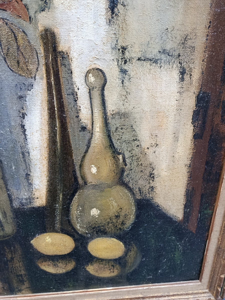 Ostria José (1924 2013) Still Life "bottles And Lemons" Oil On Canvas-photo-3