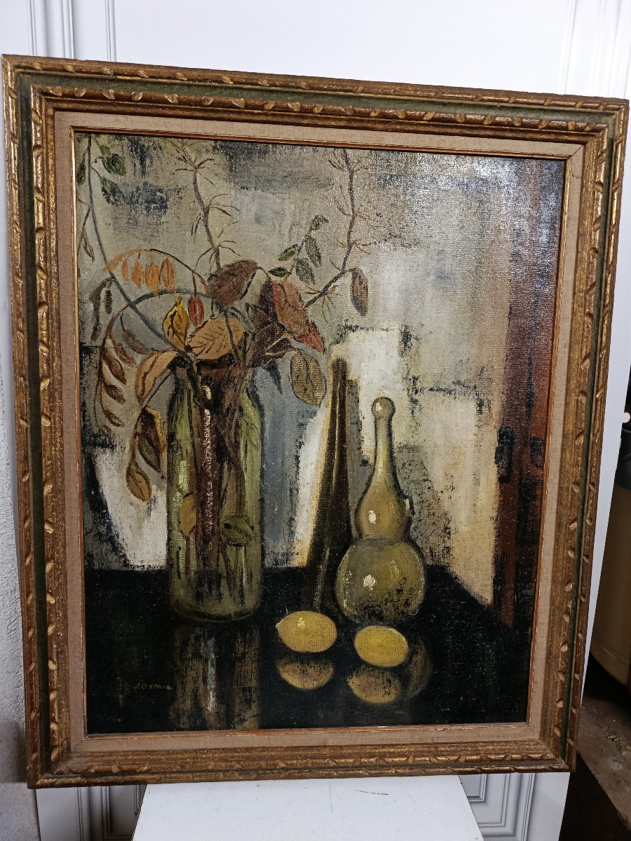 Ostria José (1924 2013) Still Life "bottles And Lemons" Oil On Canvas