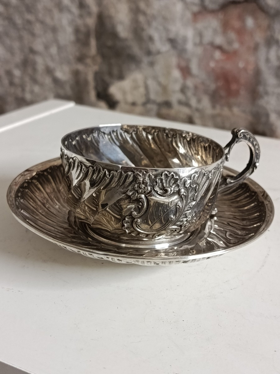 Silver Cup And Saucer, Minerva Hallmark, 19th Century