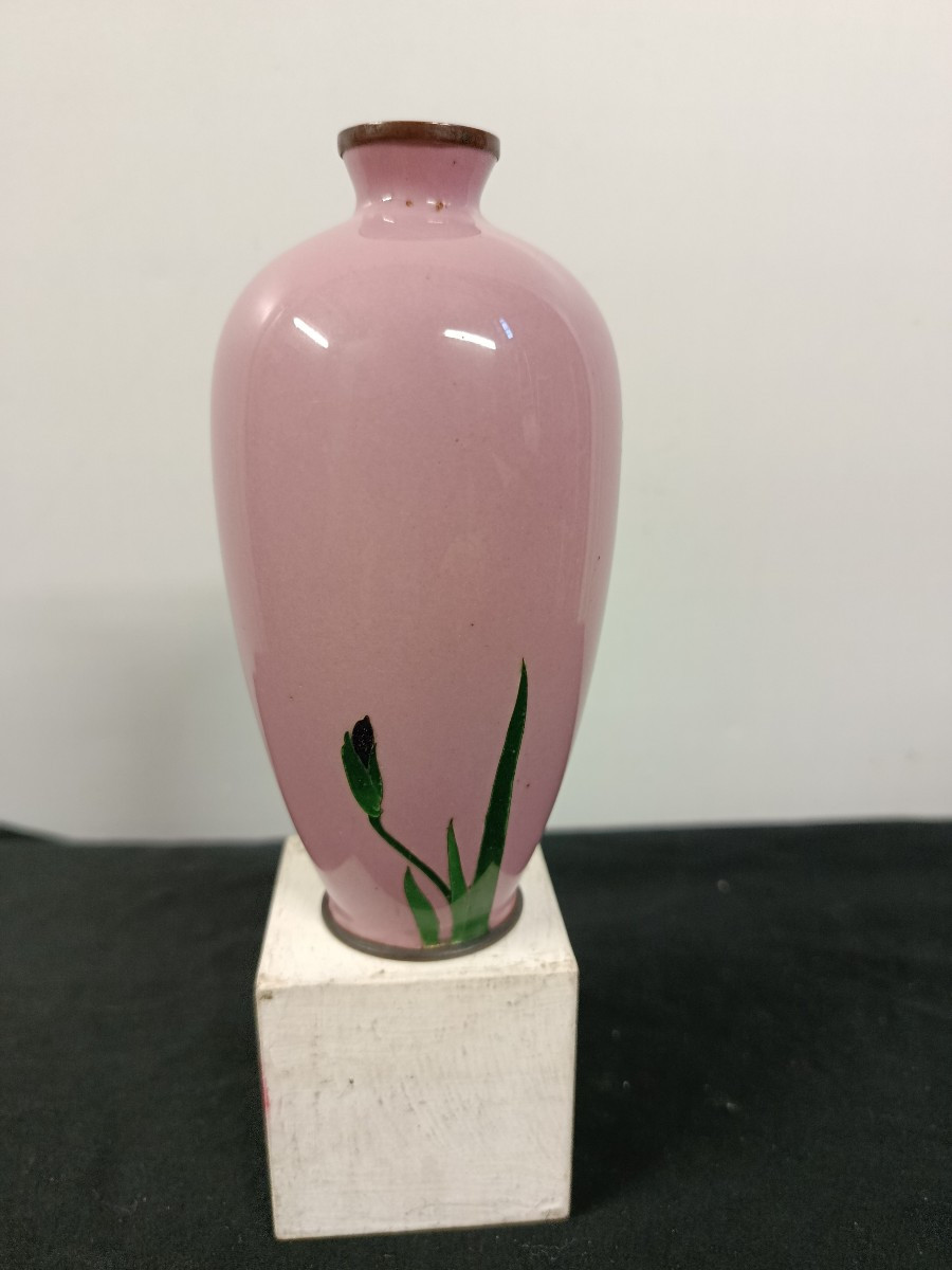 Small Japanese Cloisonné Vase, Meiji Era, 19th-20th Century, On An Old Rose Background-photo-4