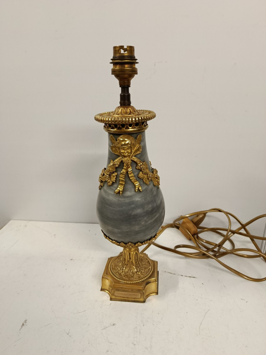 Small Louis XVI Style Lamp In Grey Marble And Gilt Bronze, 20th Century