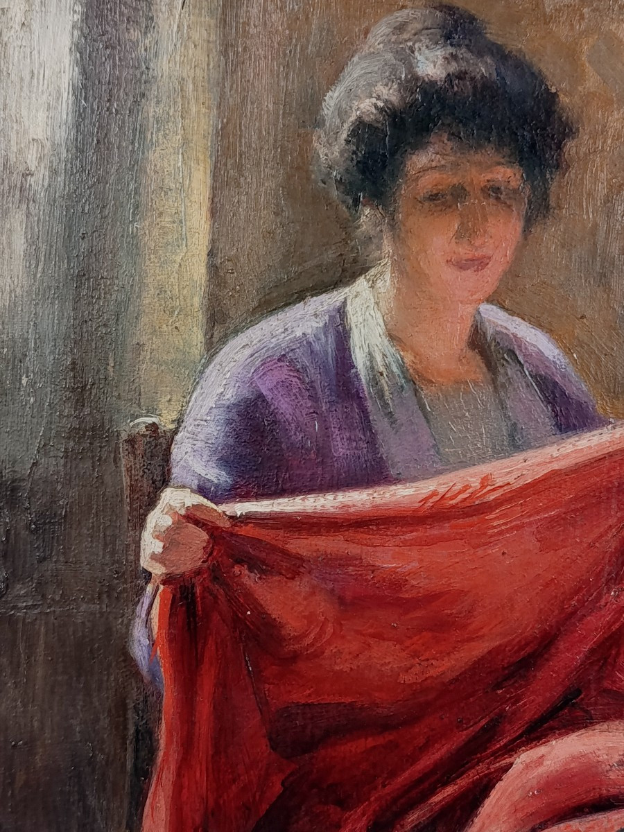 huile sur panneau :" scène d intimité " début XX-photo-4