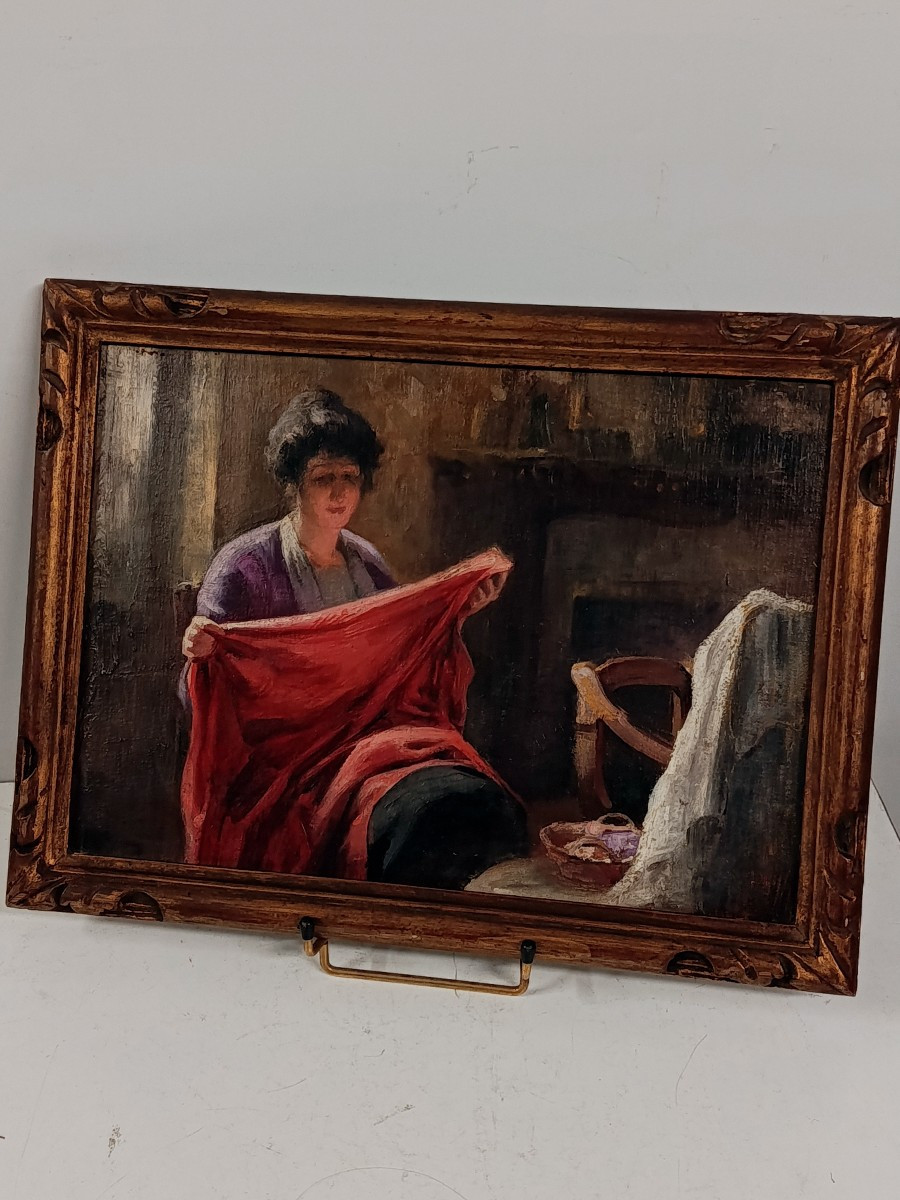 huile sur panneau :" scène d intimité " début XX