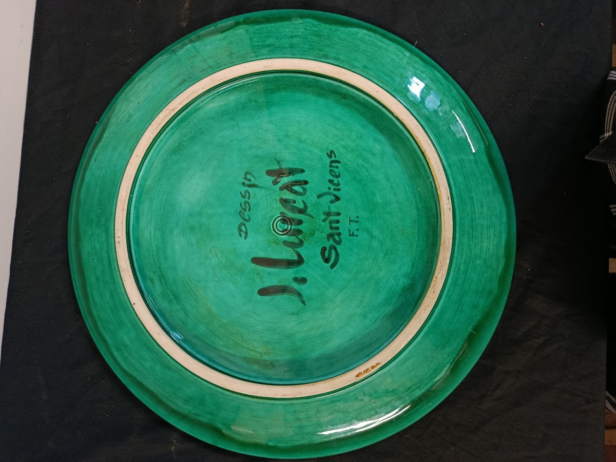 Jean Lurçat  ( 1888  1960  ) plat rond décor coq noir sur fond vert-photo-3