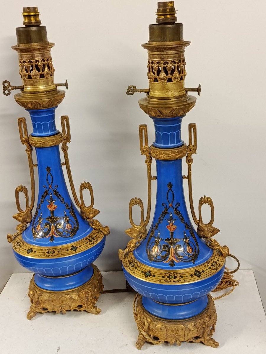 Pair Of Blue Porcelain Lamps From The Napoleon III Era