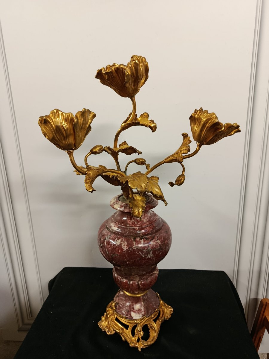 Pair Of Louis XV-style Candelabra In Marble And Gilded Bronze-photo-3