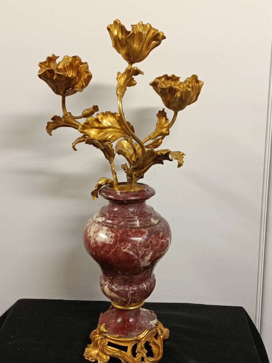 Pair Of Louis XV-style Candelabra In Marble And Gilded Bronze-photo-2