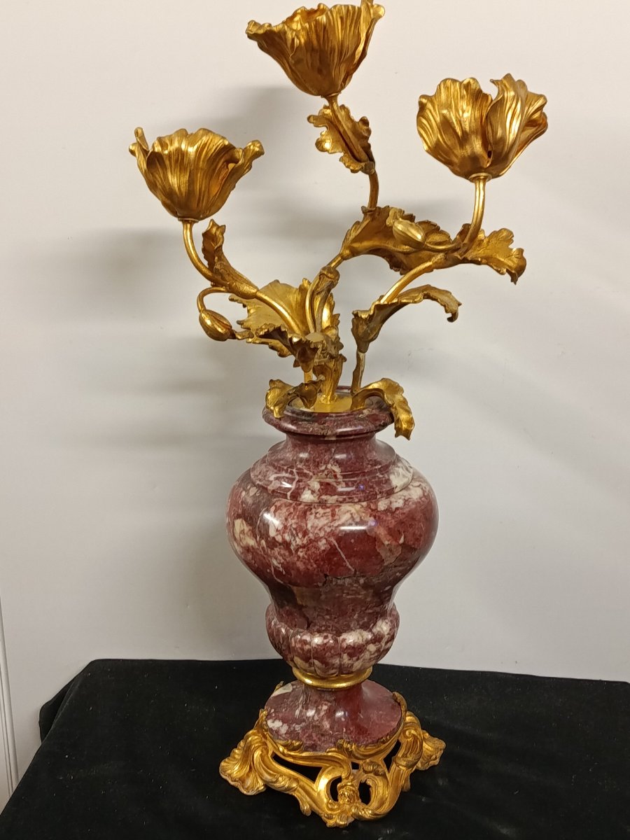 Pair Of Louis XV-style Candelabra In Marble And Gilded Bronze-photo-3