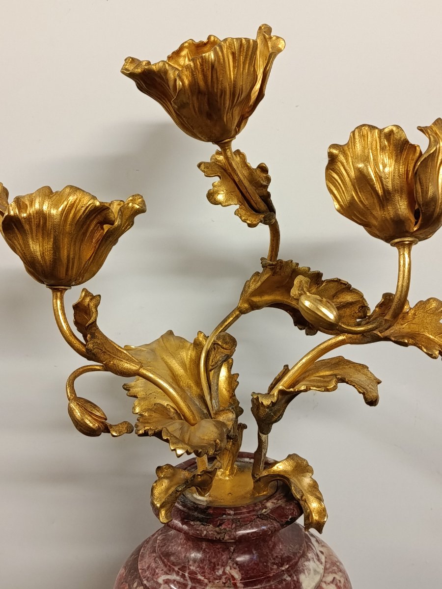 Pair Of Louis XV-style Candelabra In Marble And Gilded Bronze-photo-5