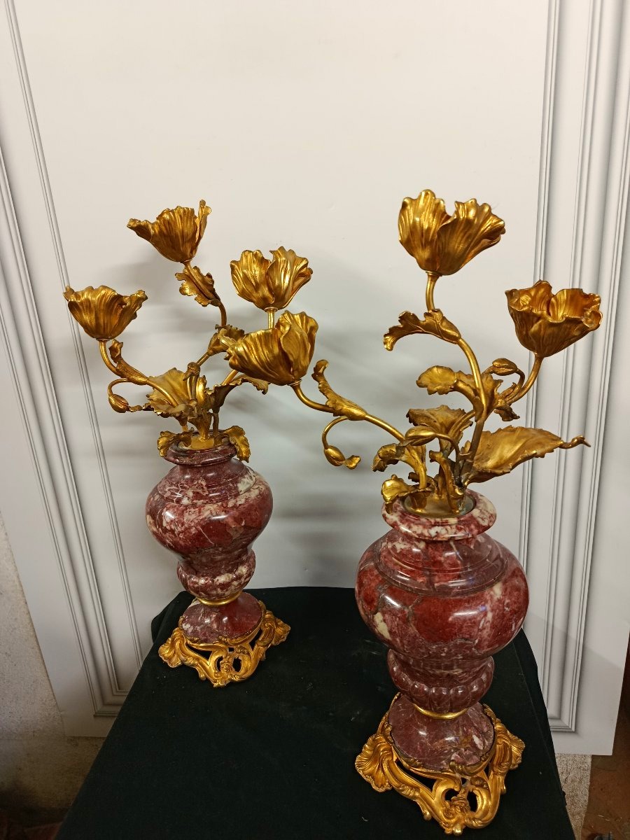 Pair Of Louis XV-style Candelabra In Marble And Gilded Bronze-photo-6