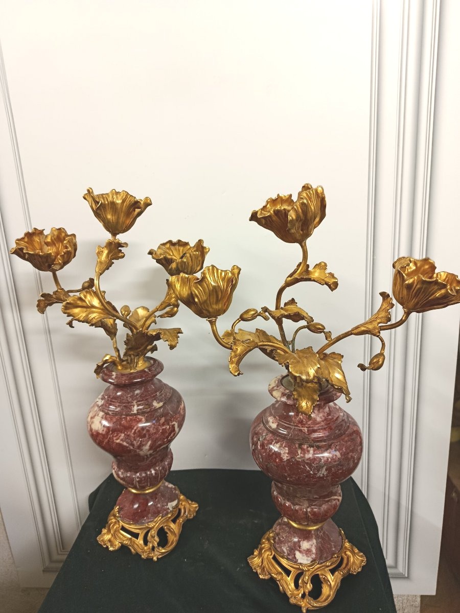 Pair Of Louis XV-style Candelabra In Marble And Gilded Bronze-photo-7